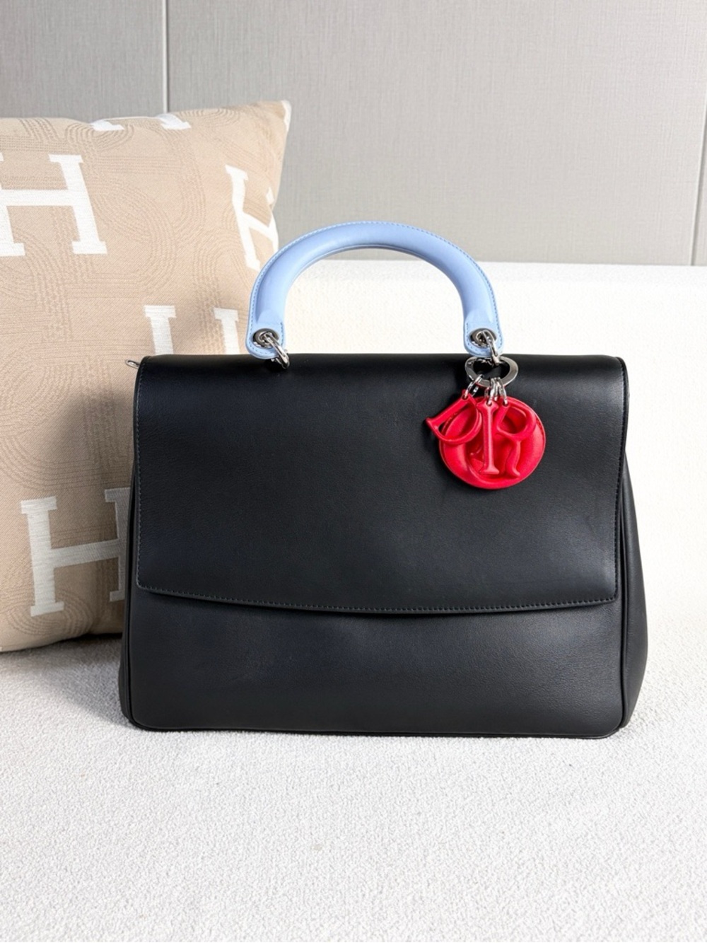 Dior Black Leather Top-Handle Satchel with Light Blue Handle and Red Charm 2015 - Picture 2 of 7